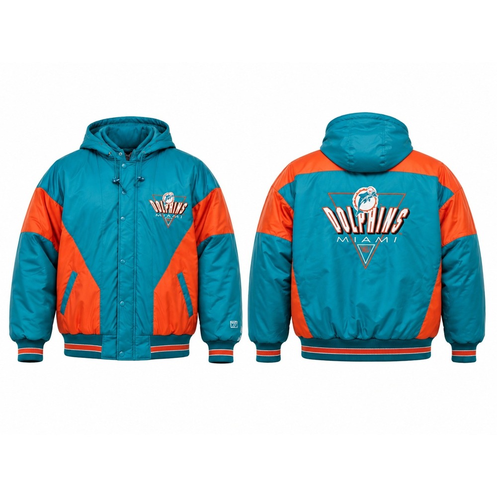Vintage Logo 7 Miami Dolphins NFL Puffer Jacket XL Teal Orange Colorblock Hooded